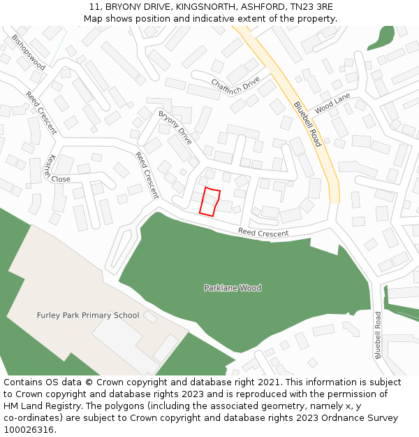 11, BRYONY DRIVE, KINGSNORTH, ASHFORD, TN23 3RE: Location map and indicative extent of plot