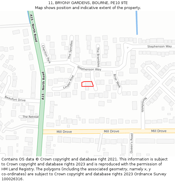 11, BRYONY GARDENS, BOURNE, PE10 9TE: Location map and indicative extent of plot