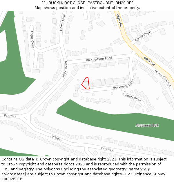 11, BUCKHURST CLOSE, EASTBOURNE, BN20 9EF: Location map and indicative extent of plot