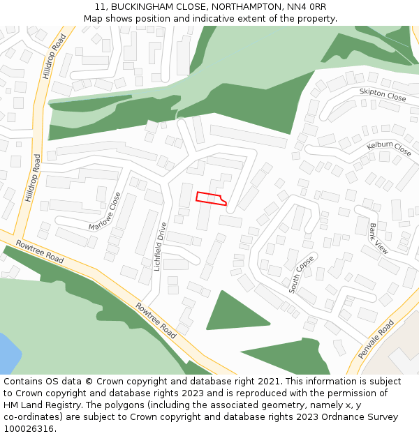 11, BUCKINGHAM CLOSE, NORTHAMPTON, NN4 0RR: Location map and indicative extent of plot