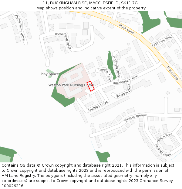 11, BUCKINGHAM RISE, MACCLESFIELD, SK11 7GL: Location map and indicative extent of plot