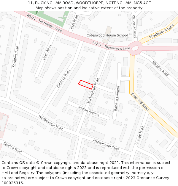 11, BUCKINGHAM ROAD, WOODTHORPE, NOTTINGHAM, NG5 4GE: Location map and indicative extent of plot