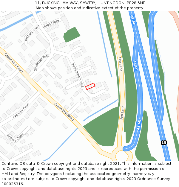 11, BUCKINGHAM WAY, SAWTRY, HUNTINGDON, PE28 5NF: Location map and indicative extent of plot