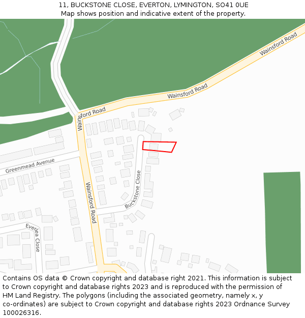 11, BUCKSTONE CLOSE, EVERTON, LYMINGTON, SO41 0UE: Location map and indicative extent of plot