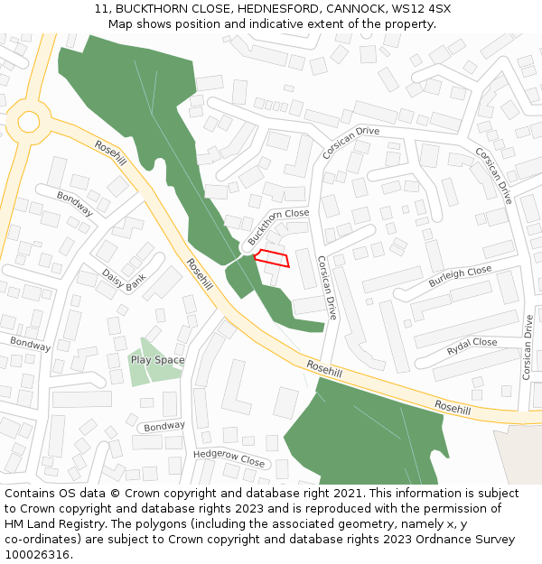 11, BUCKTHORN CLOSE, HEDNESFORD, CANNOCK, WS12 4SX: Location map and indicative extent of plot