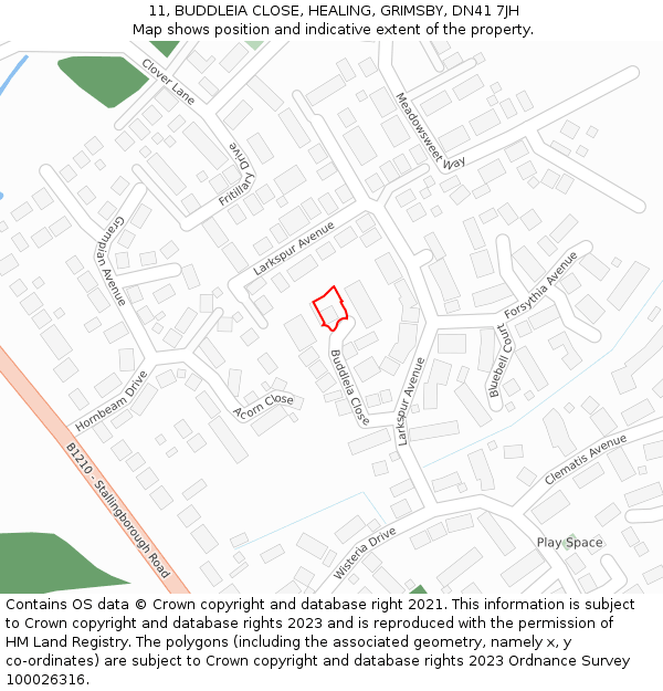 11, BUDDLEIA CLOSE, HEALING, GRIMSBY, DN41 7JH: Location map and indicative extent of plot
