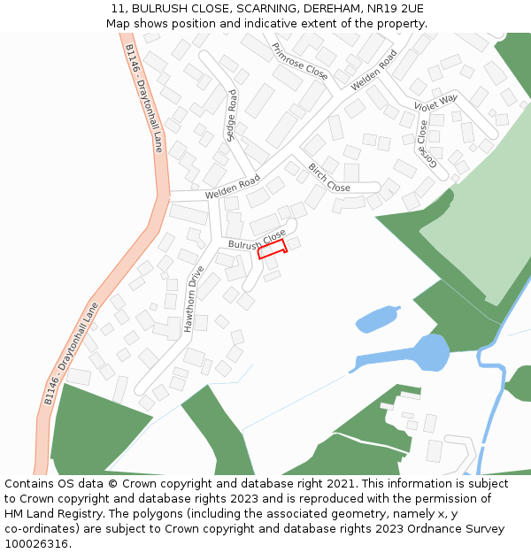 11, BULRUSH CLOSE, SCARNING, DEREHAM, NR19 2UE: Location map and indicative extent of plot