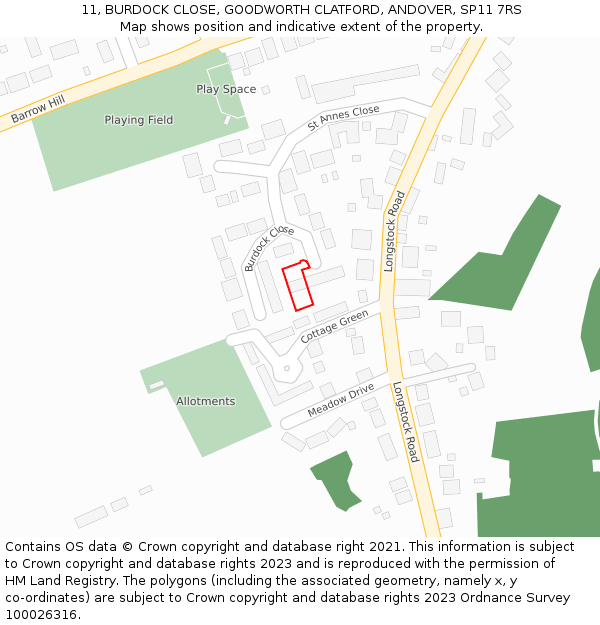 11, BURDOCK CLOSE, GOODWORTH CLATFORD, ANDOVER, SP11 7RS: Location map and indicative extent of plot