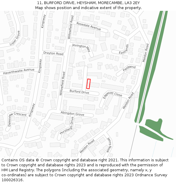 11, BURFORD DRIVE, HEYSHAM, MORECAMBE, LA3 2EY: Location map and indicative extent of plot