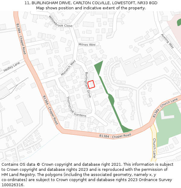 11, BURLINGHAM DRIVE, CARLTON COLVILLE, LOWESTOFT, NR33 8GD: Location map and indicative extent of plot