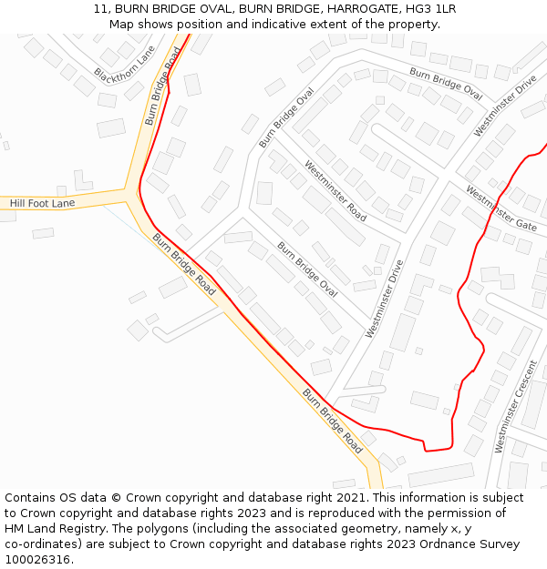 11, BURN BRIDGE OVAL, BURN BRIDGE, HARROGATE, HG3 1LR: Location map and indicative extent of plot