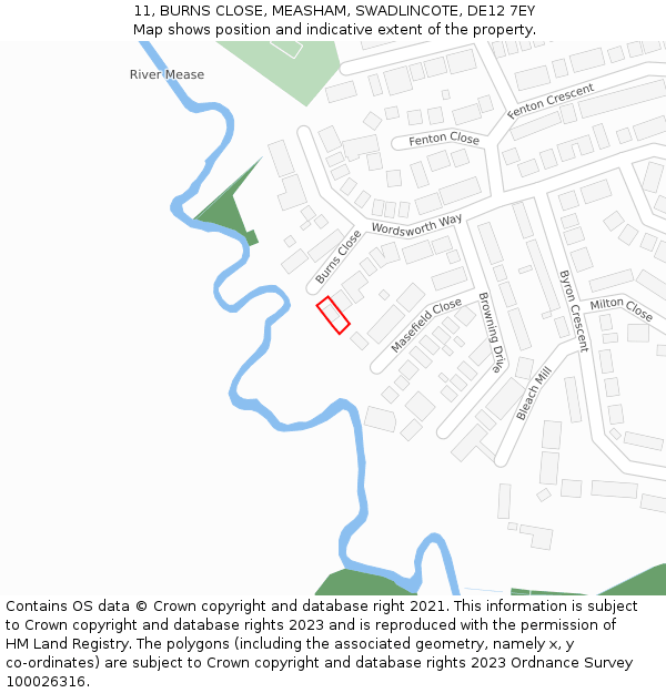 11, BURNS CLOSE, MEASHAM, SWADLINCOTE, DE12 7EY: Location map and indicative extent of plot