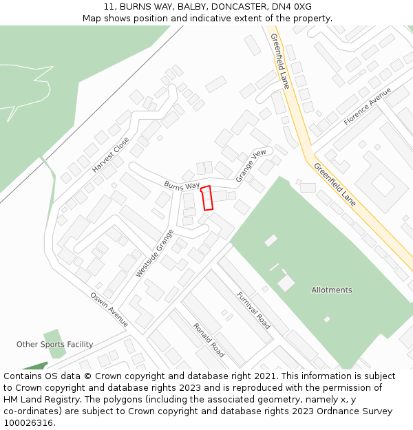 11, BURNS WAY, BALBY, DONCASTER, DN4 0XG: Location map and indicative extent of plot
