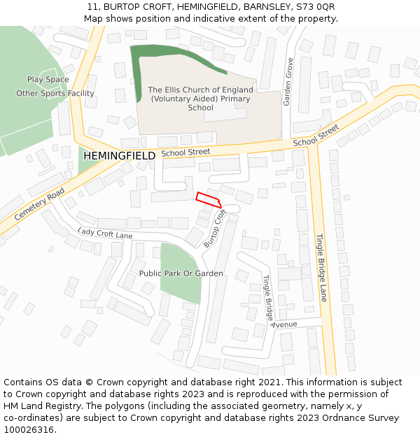 11, BURTOP CROFT, HEMINGFIELD, BARNSLEY, S73 0QR: Location map and indicative extent of plot