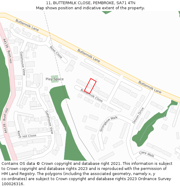 11, BUTTERMILK CLOSE, PEMBROKE, SA71 4TN: Location map and indicative extent of plot