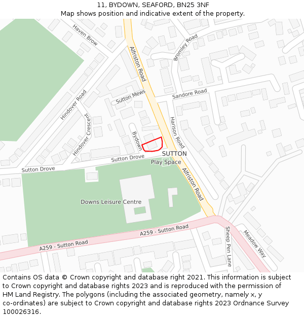 11, BYDOWN, SEAFORD, BN25 3NF: Location map and indicative extent of plot