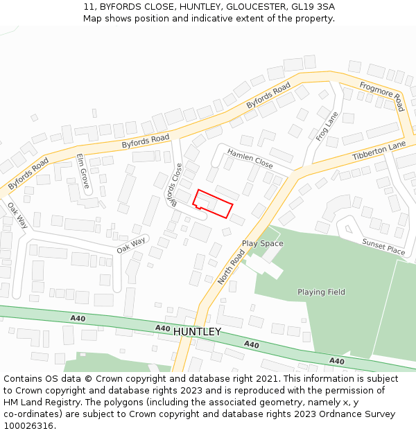 11, BYFORDS CLOSE, HUNTLEY, GLOUCESTER, GL19 3SA: Location map and indicative extent of plot