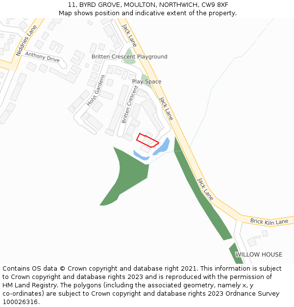 11, BYRD GROVE, MOULTON, NORTHWICH, CW9 8XF: Location map and indicative extent of plot