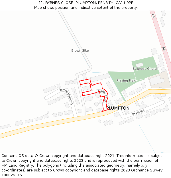 11, BYRNES CLOSE, PLUMPTON, PENRITH, CA11 9PE: Location map and indicative extent of plot