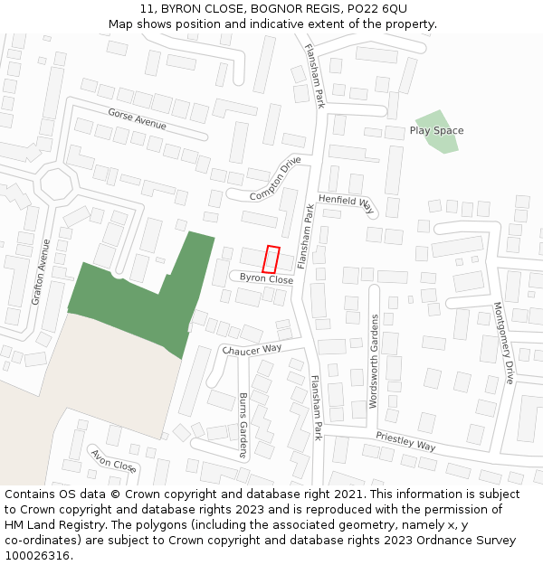 11, BYRON CLOSE, BOGNOR REGIS, PO22 6QU: Location map and indicative extent of plot