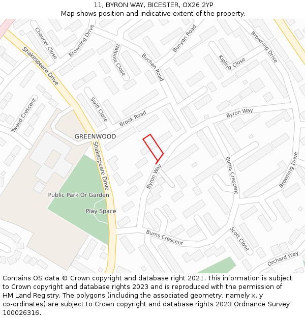 11, BYRON WAY, BICESTER, OX26 2YP: Location map and indicative extent of plot