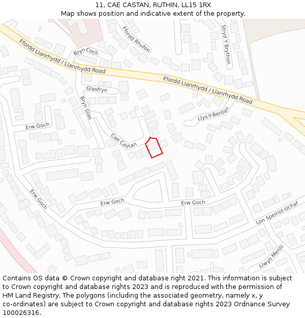 11, CAE CASTAN, RUTHIN, LL15 1RX: Location map and indicative extent of plot