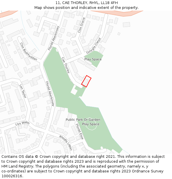 11, CAE THORLEY, RHYL, LL18 4FH: Location map and indicative extent of plot