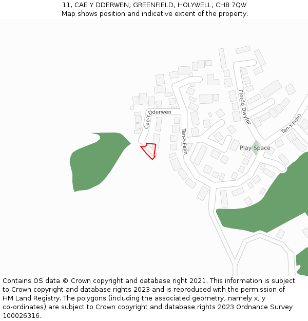 11, CAE Y DDERWEN, GREENFIELD, HOLYWELL, CH8 7QW: Location map and indicative extent of plot