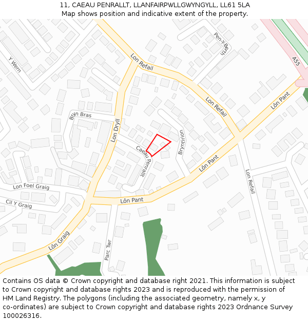11, CAEAU PENRALLT, LLANFAIRPWLLGWYNGYLL, LL61 5LA: Location map and indicative extent of plot