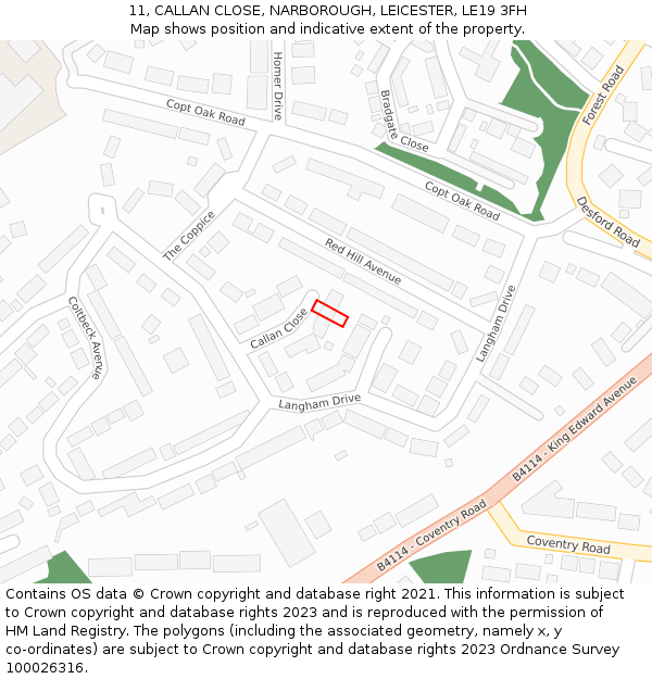 11, CALLAN CLOSE, NARBOROUGH, LEICESTER, LE19 3FH: Location map and indicative extent of plot
