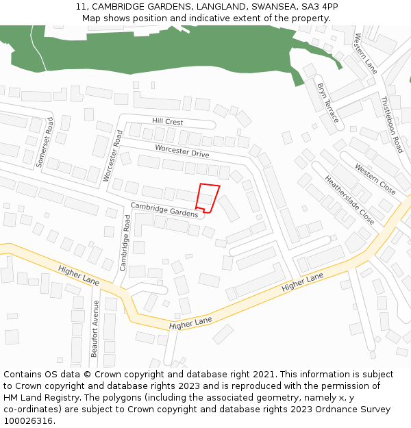 11, CAMBRIDGE GARDENS, LANGLAND, SWANSEA, SA3 4PP: Location map and indicative extent of plot