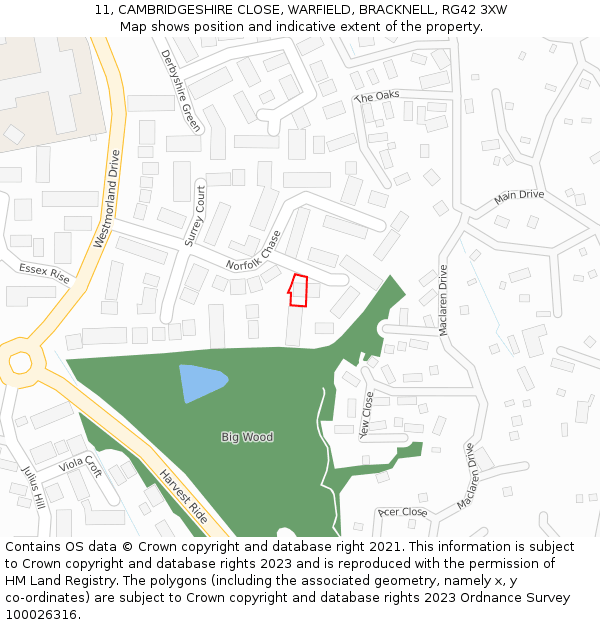 11, CAMBRIDGESHIRE CLOSE, WARFIELD, BRACKNELL, RG42 3XW: Location map and indicative extent of plot