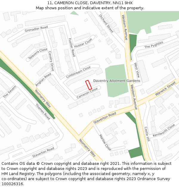 11, CAMERON CLOSE, DAVENTRY, NN11 9HX: Location map and indicative extent of plot