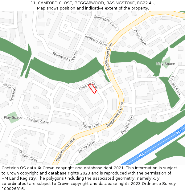 11, CAMFORD CLOSE, BEGGARWOOD, BASINGSTOKE, RG22 4UJ: Location map and indicative extent of plot