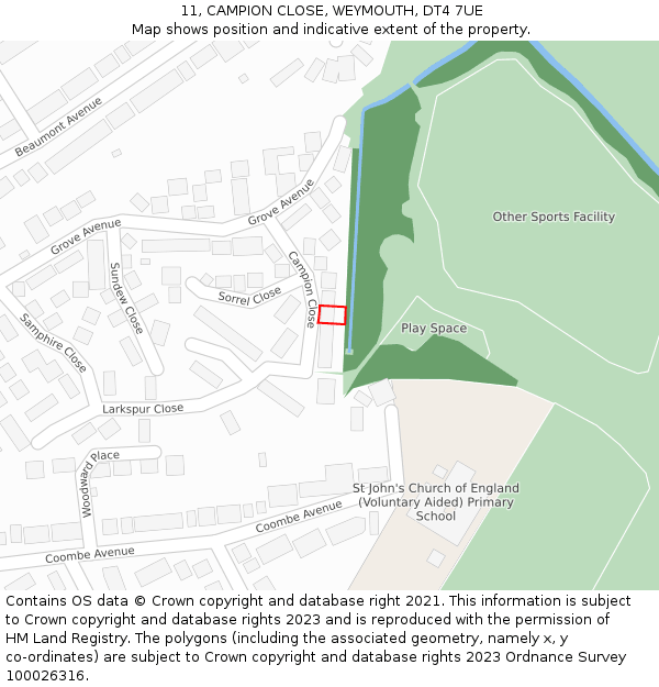 11, CAMPION CLOSE, WEYMOUTH, DT4 7UE: Location map and indicative extent of plot