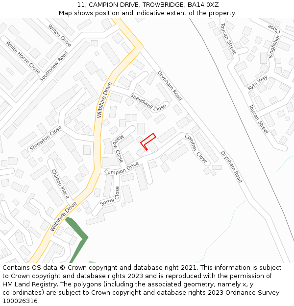 11, CAMPION DRIVE, TROWBRIDGE, BA14 0XZ: Location map and indicative extent of plot