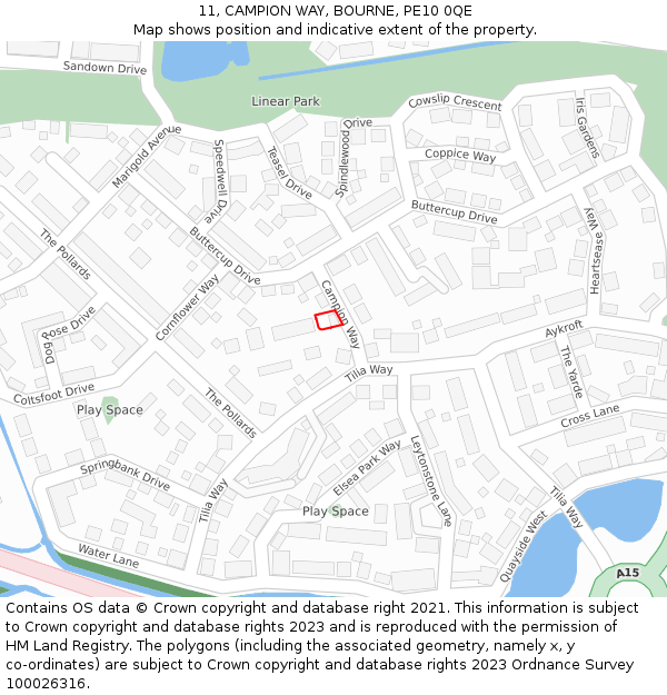 11, CAMPION WAY, BOURNE, PE10 0QE: Location map and indicative extent of plot