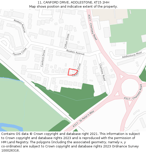 11, CANFORD DRIVE, ADDLESTONE, KT15 2HH: Location map and indicative extent of plot