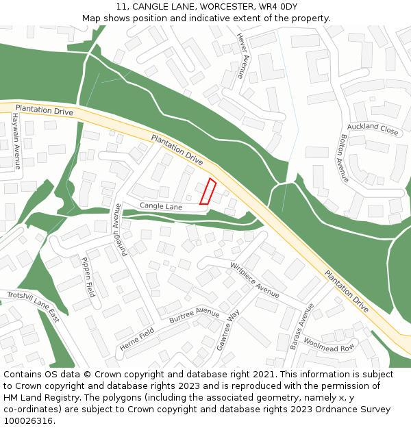 11, CANGLE LANE, WORCESTER, WR4 0DY: Location map and indicative extent of plot