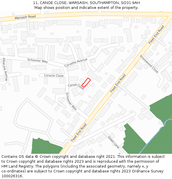 11, CANOE CLOSE, WARSASH, SOUTHAMPTON, SO31 9AH: Location map and indicative extent of plot