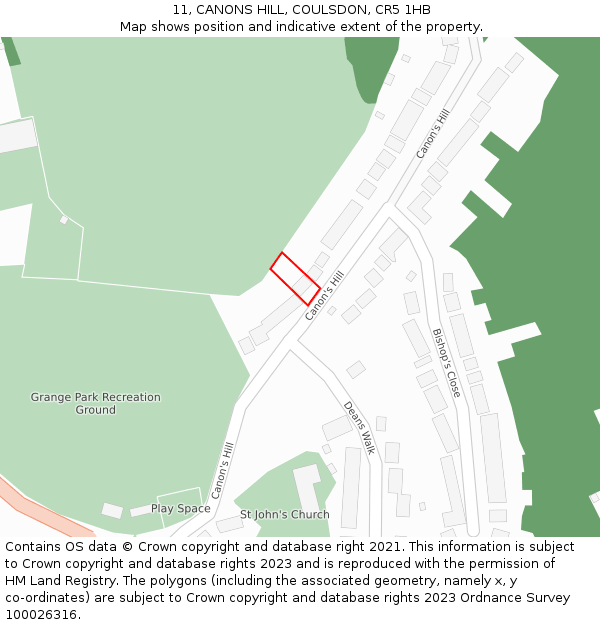 11, CANONS HILL, COULSDON, CR5 1HB: Location map and indicative extent of plot
