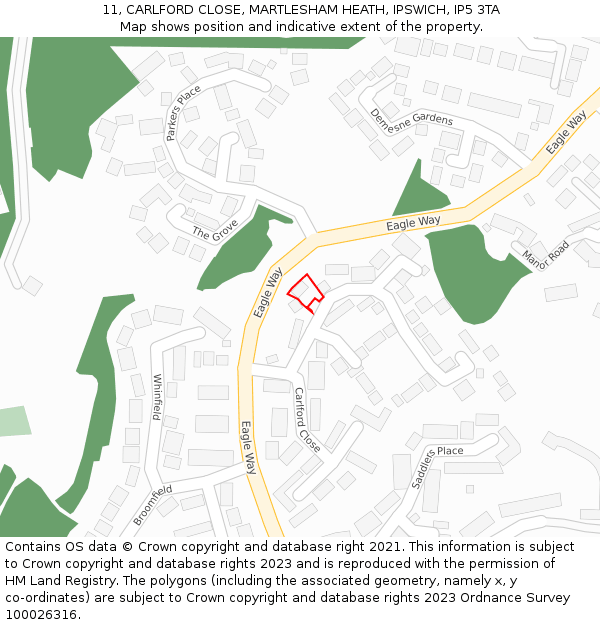 11, CARLFORD CLOSE, MARTLESHAM HEATH, IPSWICH, IP5 3TA: Location map and indicative extent of plot