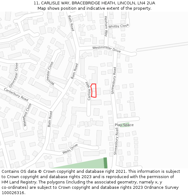 11, CARLISLE WAY, BRACEBRIDGE HEATH, LINCOLN, LN4 2UA: Location map and indicative extent of plot