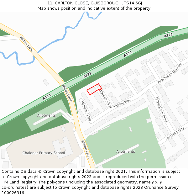 11, CARLTON CLOSE, GUISBOROUGH, TS14 6GJ: Location map and indicative extent of plot