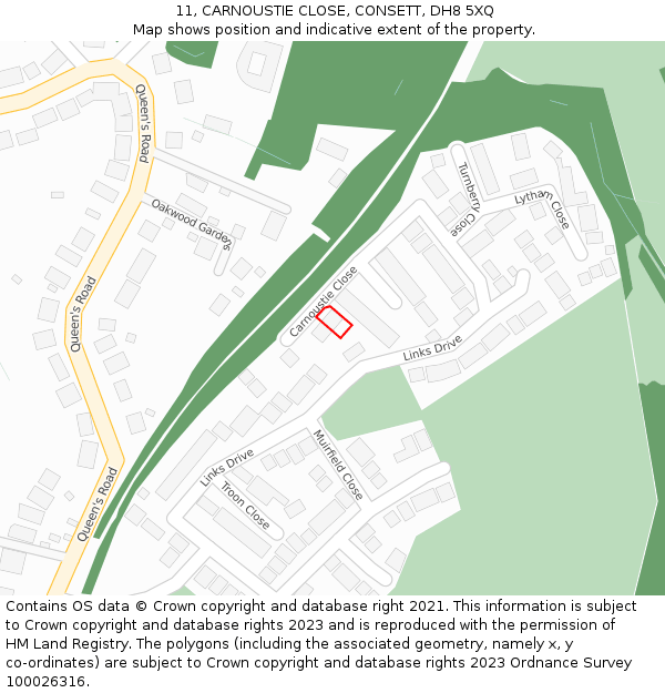 11, CARNOUSTIE CLOSE, CONSETT, DH8 5XQ: Location map and indicative extent of plot