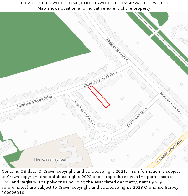 11, CARPENTERS WOOD DRIVE, CHORLEYWOOD, RICKMANSWORTH, WD3 5RH: Location map and indicative extent of plot