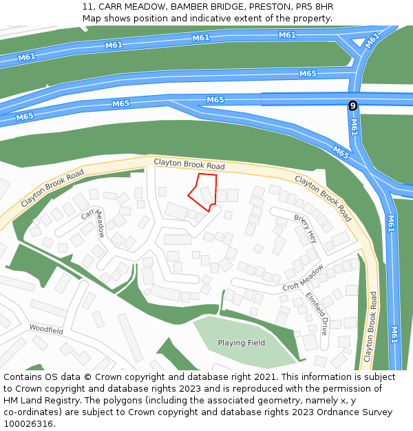 11, CARR MEADOW, BAMBER BRIDGE, PRESTON, PR5 8HR: Location map and indicative extent of plot