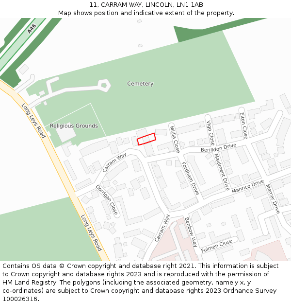 11, CARRAM WAY, LINCOLN, LN1 1AB: Location map and indicative extent of plot