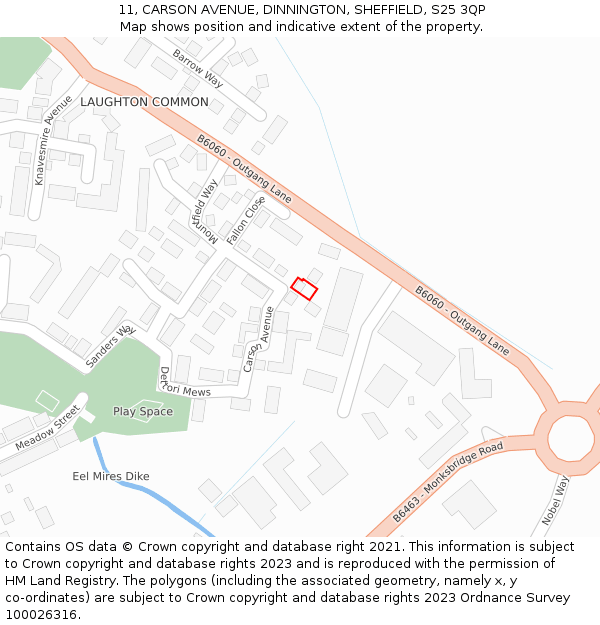 11, CARSON AVENUE, DINNINGTON, SHEFFIELD, S25 3QP: Location map and indicative extent of plot