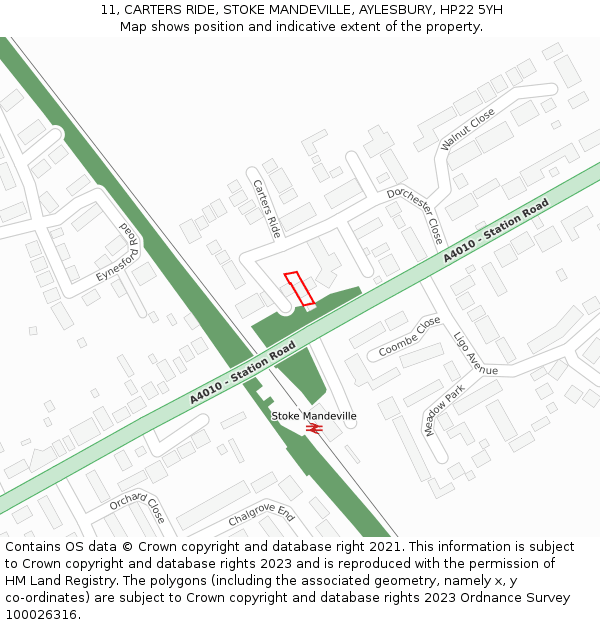 11, CARTERS RIDE, STOKE MANDEVILLE, AYLESBURY, HP22 5YH: Location map and indicative extent of plot